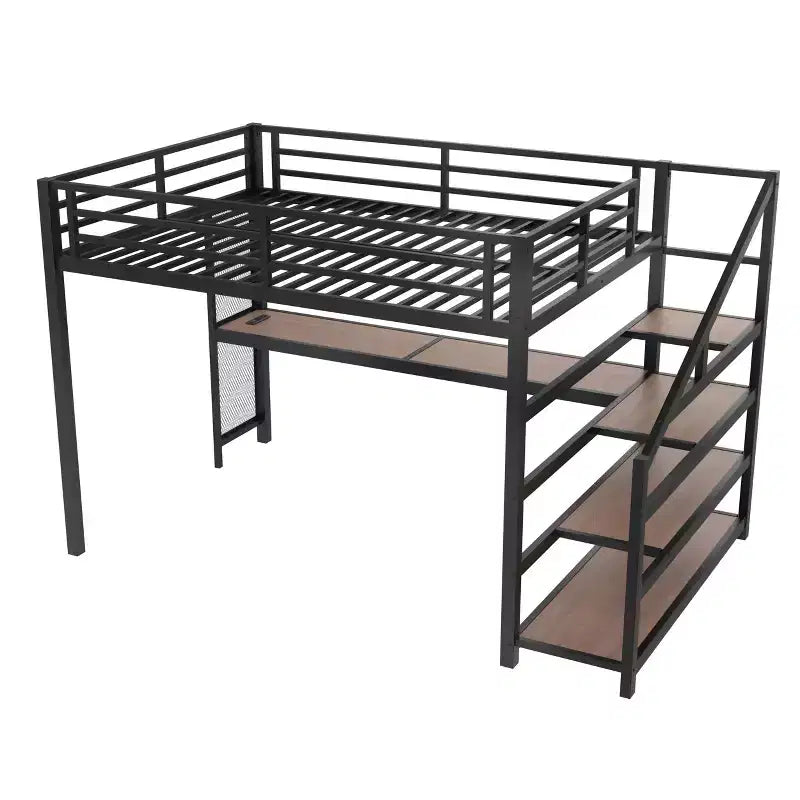Letto a soppalco matrimoniale con scrivania e scale contenitore, struttura in metallo con luci a LED e porte USB, multifunzionale, in rete di ferro, senza base a molle, colore nero