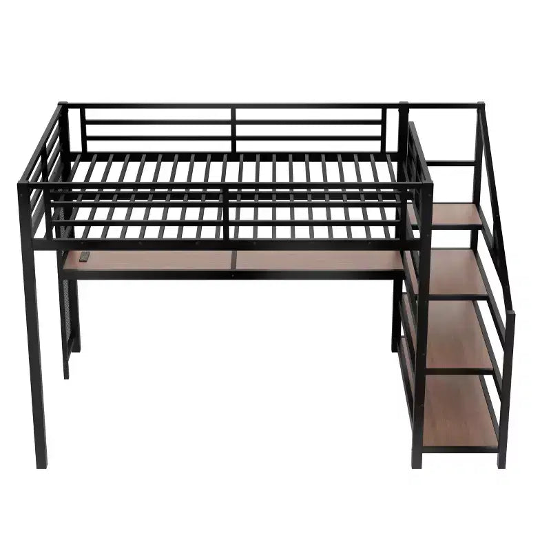 Letto a soppalco matrimoniale con scrivania e scale contenitore, struttura in metallo con luci a LED e porte USB, multifunzionale, in rete di ferro, senza base a molle, colore nero
