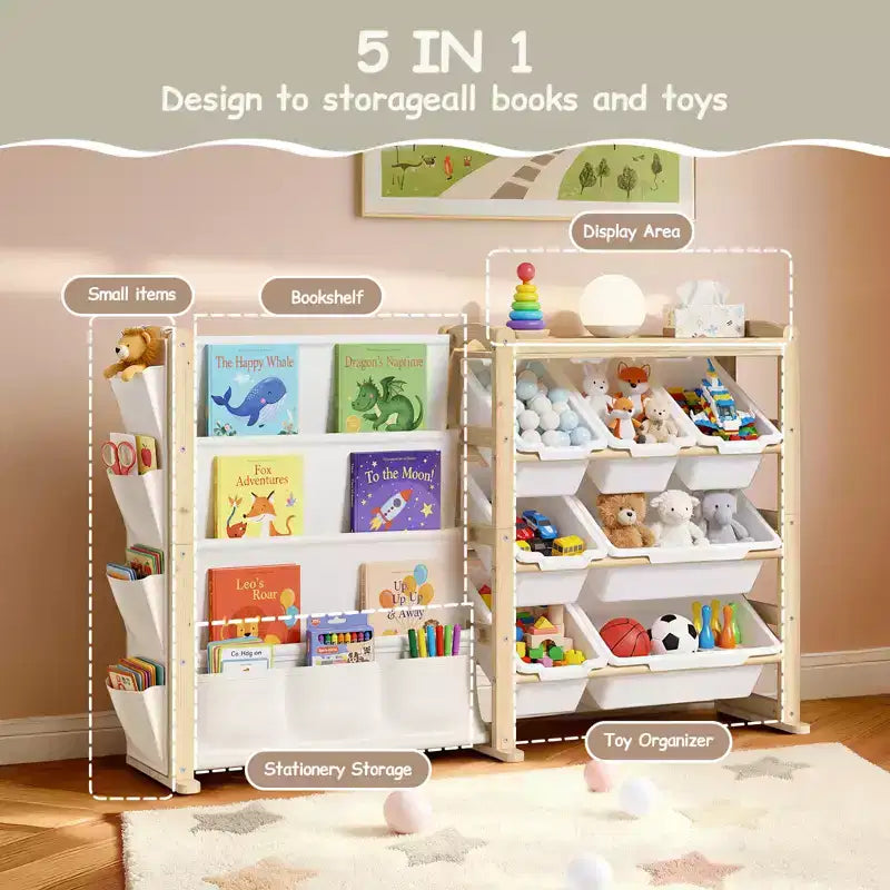 Organizer e libreria 2 in 1 in legno massello per giocattoli, mensola portaoggetti per bambini in pino naturale con 7 contenitori, tasche laterali e 4 ripiani per sala giochi o cameretta