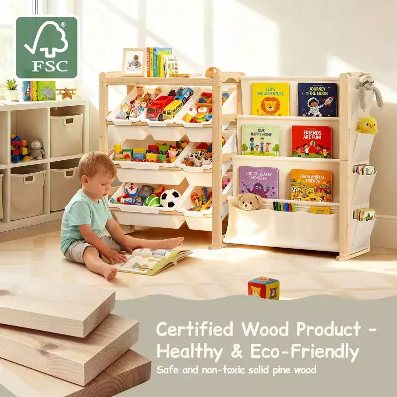 Organizer e libreria 2 in 1 in legno massello per giocattoli, mensola portaoggetti per bambini in pino naturale con 7 contenitori, tasche laterali e 4 ripiani per sala giochi o cameretta