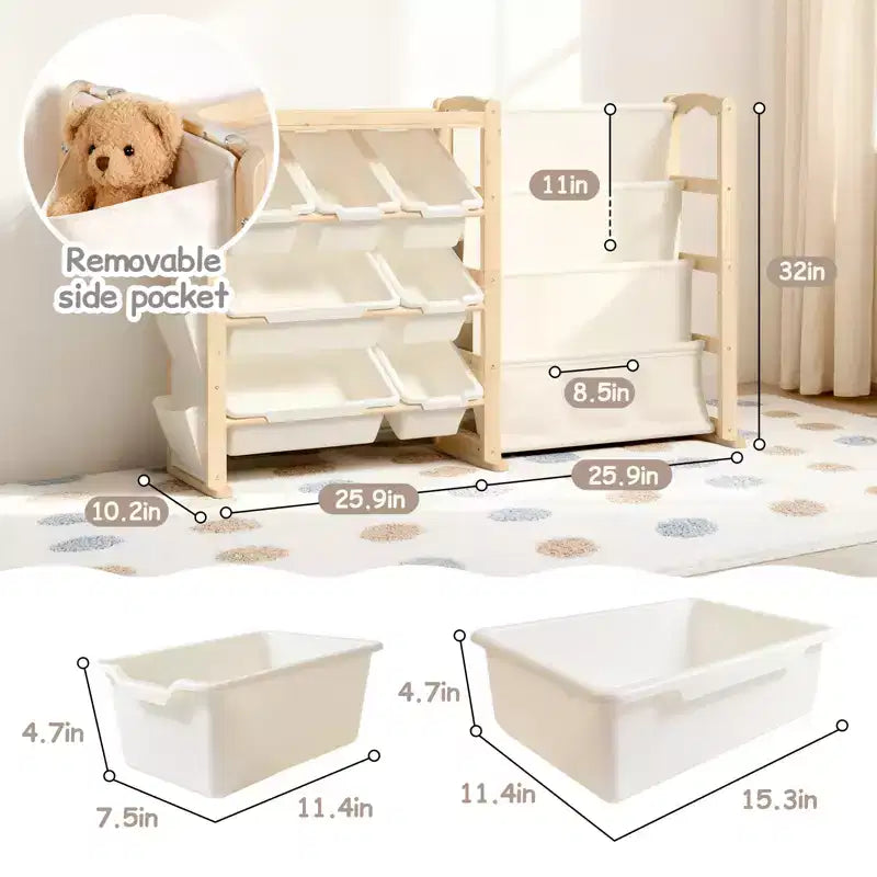 Organizer e libreria 2 in 1 in legno massello per giocattoli, mensola portaoggetti per bambini in pino naturale con 7 contenitori, tasche laterali e 4 ripiani per sala giochi o cameretta