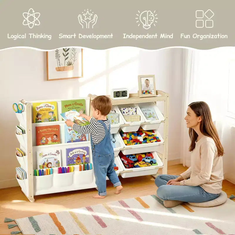 Organizer e libreria 2 in 1 in legno massello per giocattoli, mensola portaoggetti per bambini in pino naturale con 7 contenitori, tasche laterali e 4 ripiani per sala giochi o cameretta