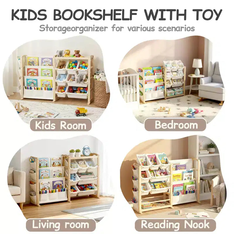 Organizer e libreria 2 in 1 in legno massello per giocattoli, mensola portaoggetti per bambini in pino naturale con 7 contenitori, tasche laterali e 4 ripiani per sala giochi o cameretta