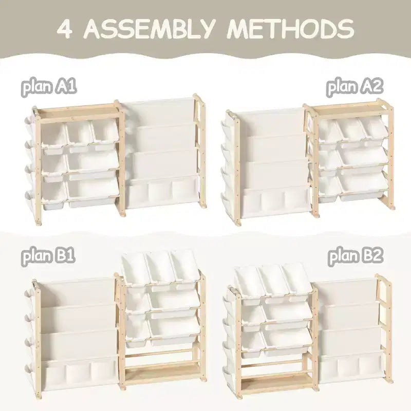 Organizer e libreria 2 in 1 in legno massello per giocattoli, mensola portaoggetti per bambini in pino naturale con 7 contenitori, tasche laterali e 4 ripiani per sala giochi o cameretta