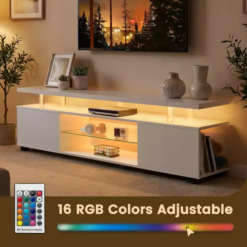 Mobile TV per TV da 70 pollici, mobile da gioco a LED, centro di intrattenimento, console porta TV con ampio armadietto laterale per soggiorno, bianco