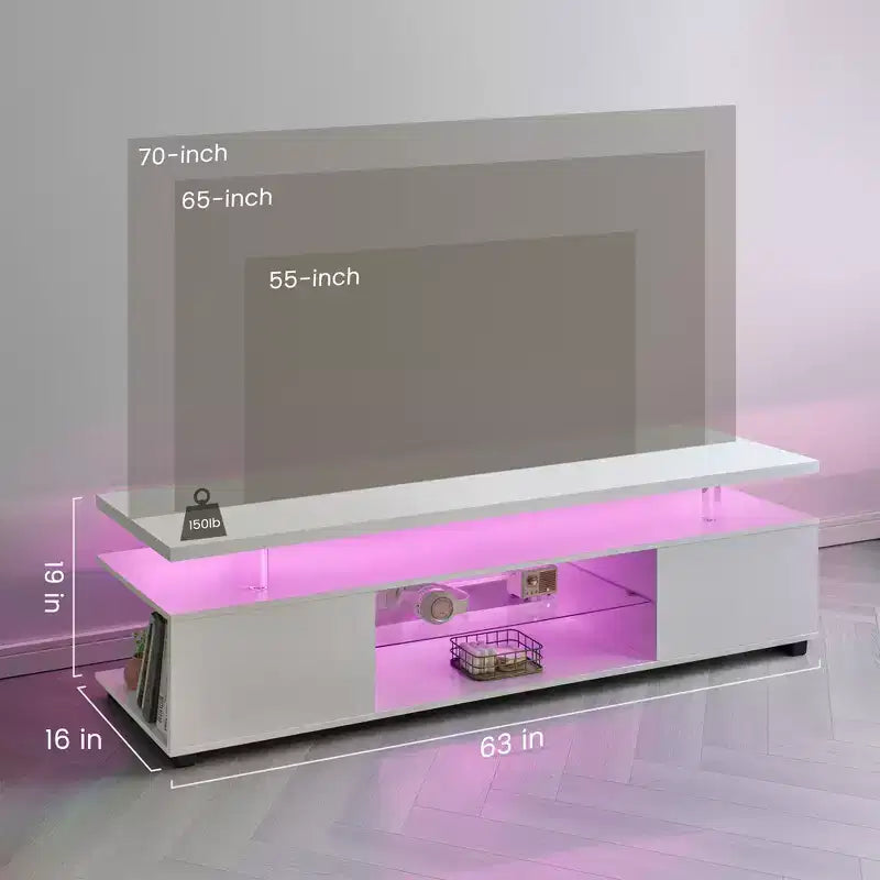 Mobile TV per TV da 70 pollici, mobile da gioco a LED, centro di intrattenimento, console porta TV con ampio armadietto laterale per soggiorno, bianco