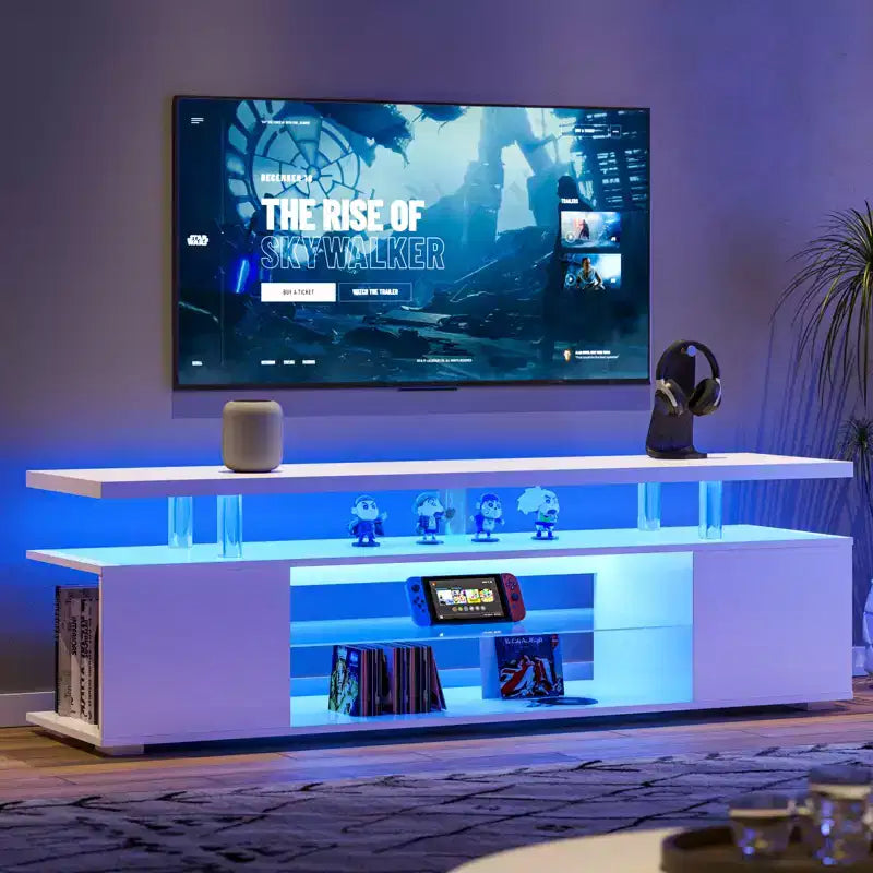 Mobile TV per TV da 70 pollici, mobile da gioco a LED, centro di intrattenimento, console porta TV con ampio armadietto laterale per soggiorno, bianco