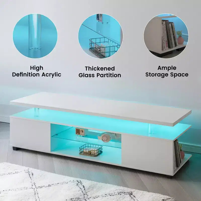 Mobile TV per TV da 70 pollici, mobile da gioco a LED, centro di intrattenimento, console porta TV con ampio armadietto laterale per soggiorno, bianco
