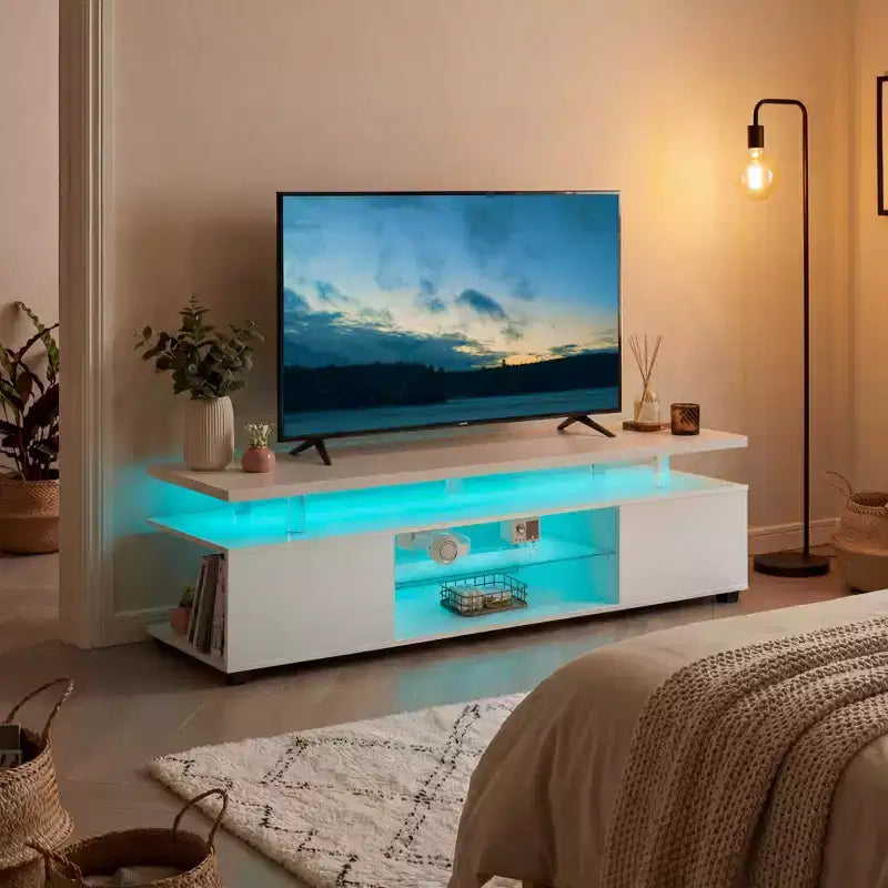 Mobile TV per TV da 70 pollici, mobile da gioco a LED, centro di intrattenimento, console porta TV con ampio armadietto laterale per soggiorno, bianco