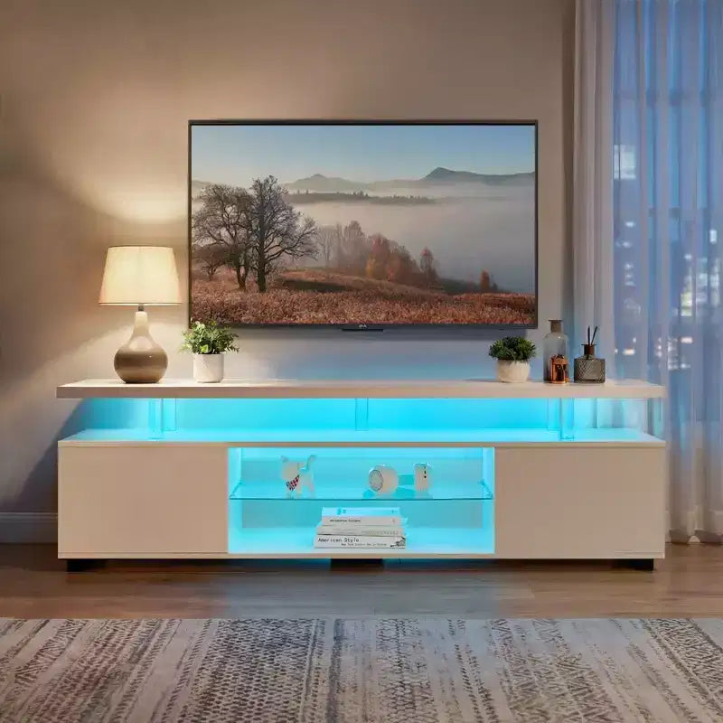 Mobile TV per TV da 70 pollici, mobile da gioco a LED, centro di intrattenimento, console porta TV con ampio armadietto laterale per soggiorno, bianco