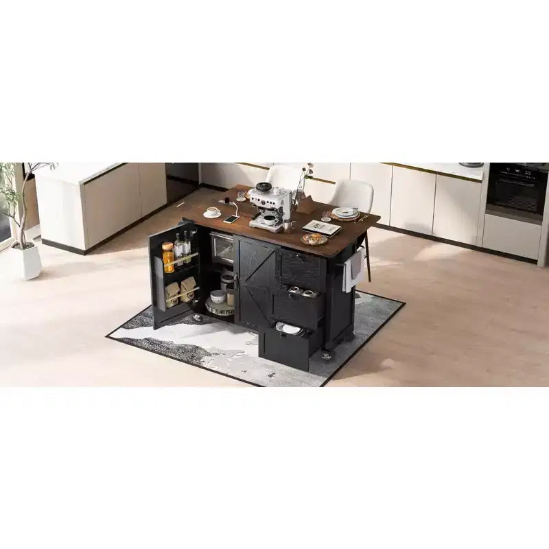 Isola da cucina rustica con presa di corrente, carrello da cucina su ruote con ripiano interno, anta a ribalta, portaspezie