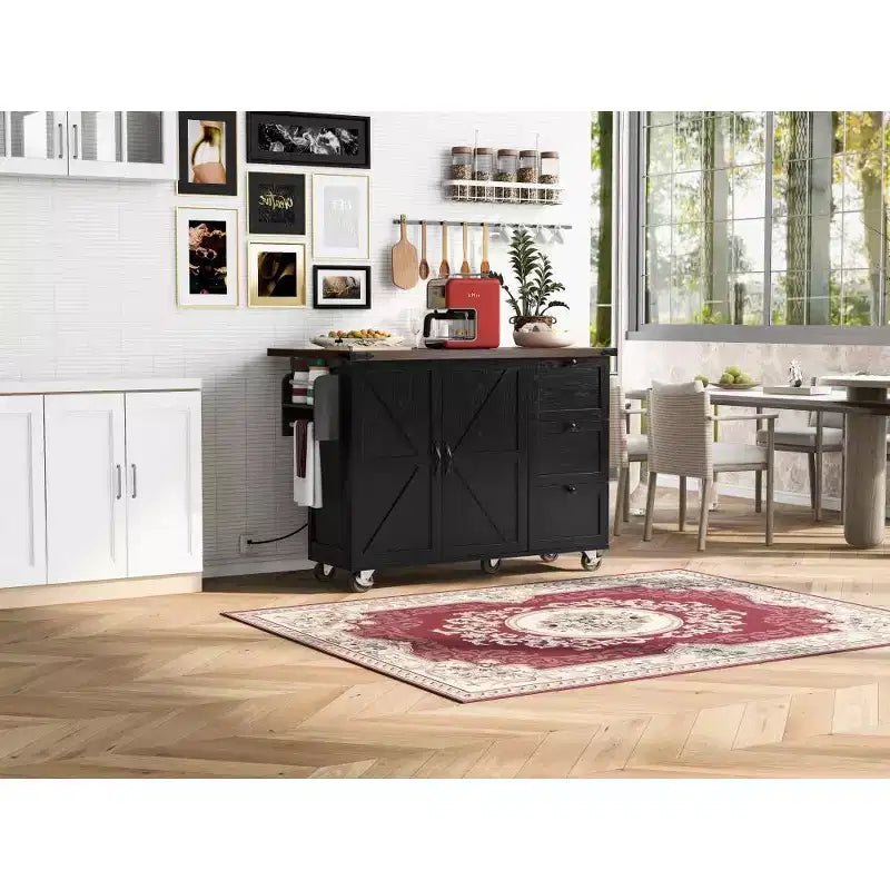 Isola da cucina rustica con presa di corrente, carrello da cucina su ruote con ripiano interno, anta a ribalta, portaspezie
