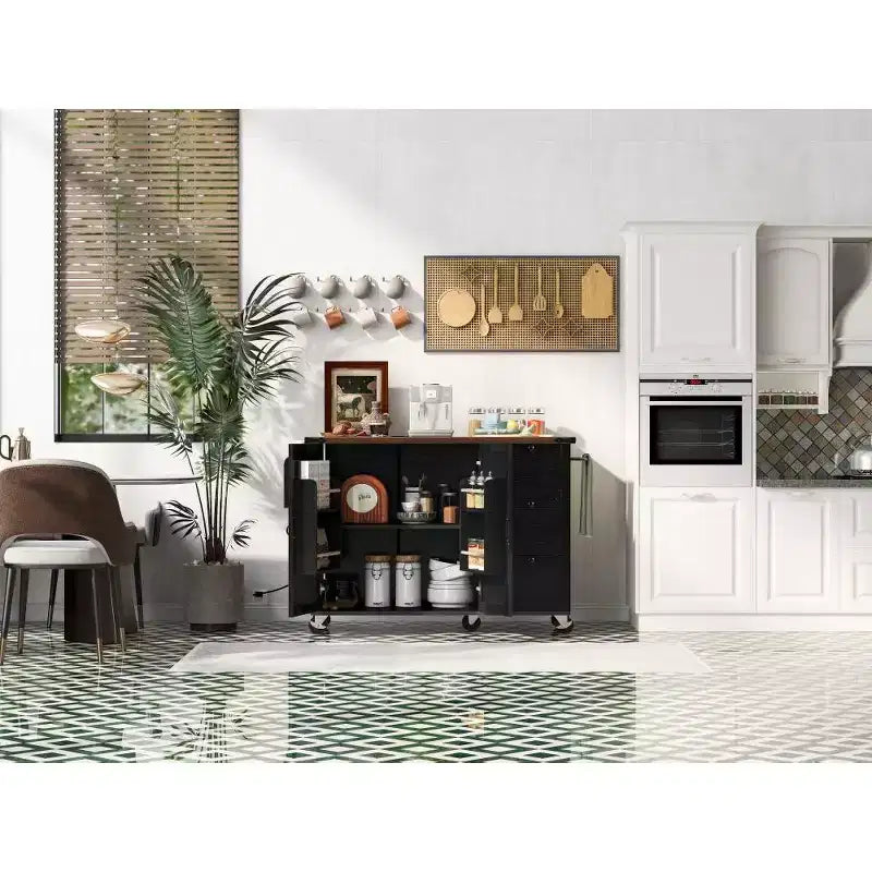 Isola da cucina rustica con presa di corrente, carrello da cucina su ruote con ripiano interno, anta a ribalta, portaspezie