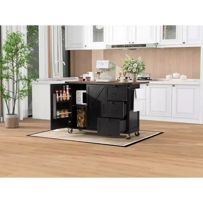 Isola da cucina rustica con presa di corrente, carrello da cucina su ruote con ripiano interno, anta a ribalta, portaspezie