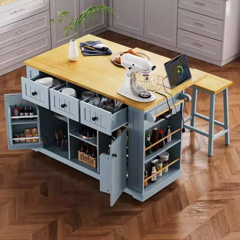 Isola da cucina rustica con presa di corrente, carrello da cucina su ruote con ripiano interno, anta a ribalta, portaspezie