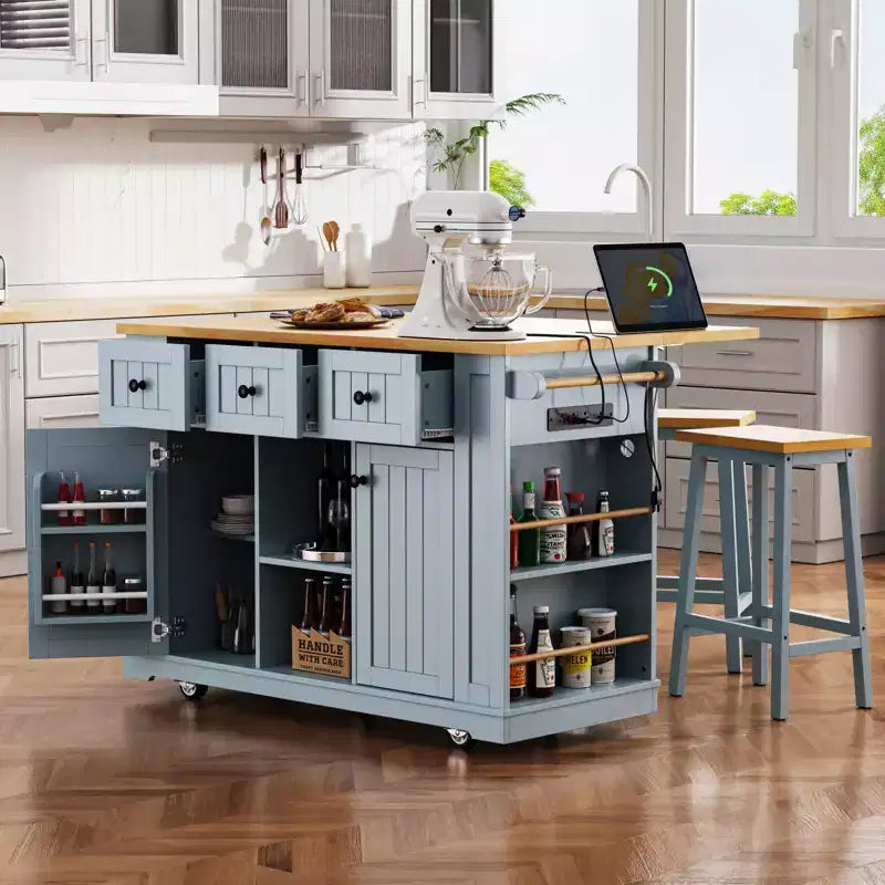 Isola da cucina rustica con presa di corrente, carrello da cucina su ruote con ripiano interno, anta a ribalta, portaspezie