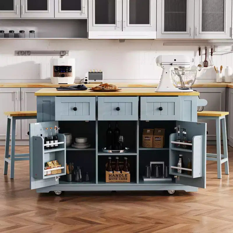 Isola da cucina rustica con presa di corrente, carrello da cucina su ruote con ripiano interno, anta a ribalta, portaspezie