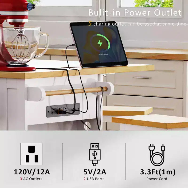 Isola da cucina rustica con presa di corrente, carrello da cucina su ruote con ripiano interno, anta a ribalta, portaspezie