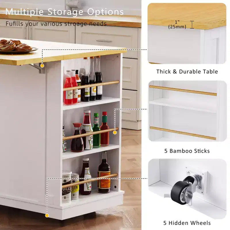 Isola da cucina rustica con presa di corrente, carrello da cucina su ruote con ripiano interno, anta a ribalta, portaspezie