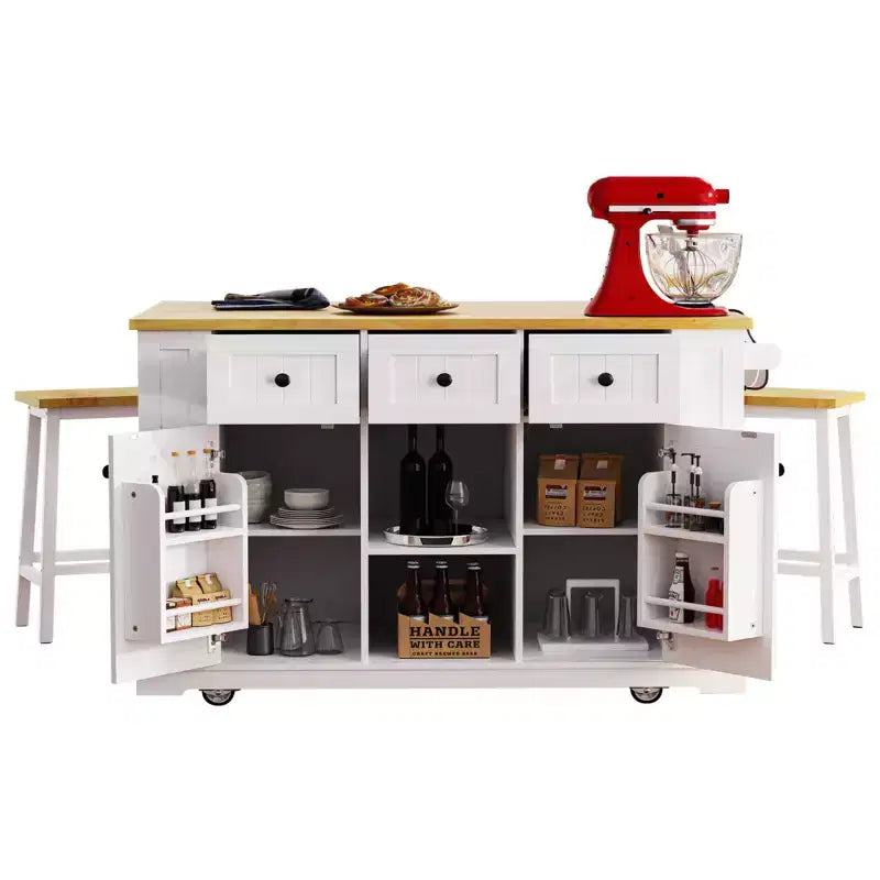 Isola da cucina rustica con presa di corrente, carrello da cucina su ruote con ripiano interno, anta a ribalta, portaspezie