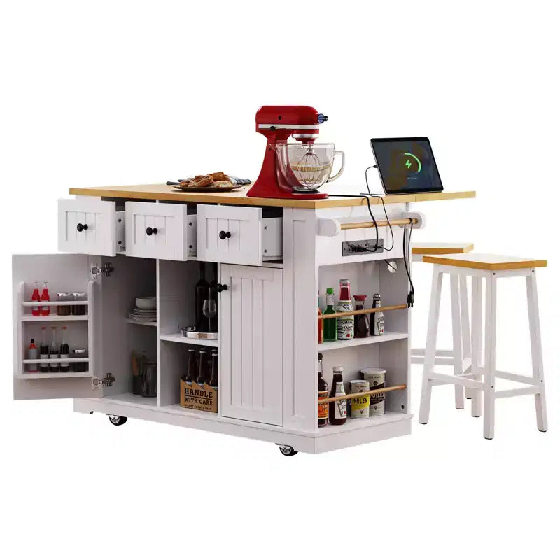Isola da cucina rustica con presa di corrente, carrello da cucina su ruote con ripiano interno, anta a ribalta, portaspezie