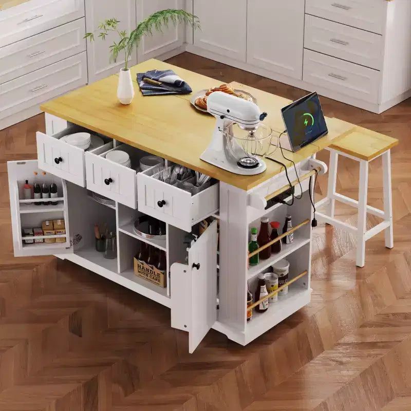 Isola da cucina rustica con presa di corrente, carrello da cucina su ruote con ripiano interno, anta a ribalta, portaspezie