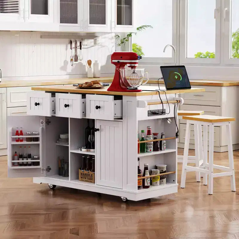 Isola da cucina rustica con presa di corrente, carrello da cucina su ruote con ripiano interno, anta a ribalta, portaspezie