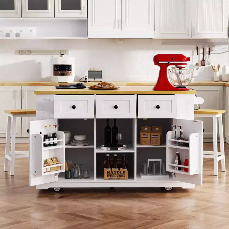 Isola da cucina rustica con presa di corrente, carrello da cucina su ruote con ripiano interno, anta a ribalta, portaspezie