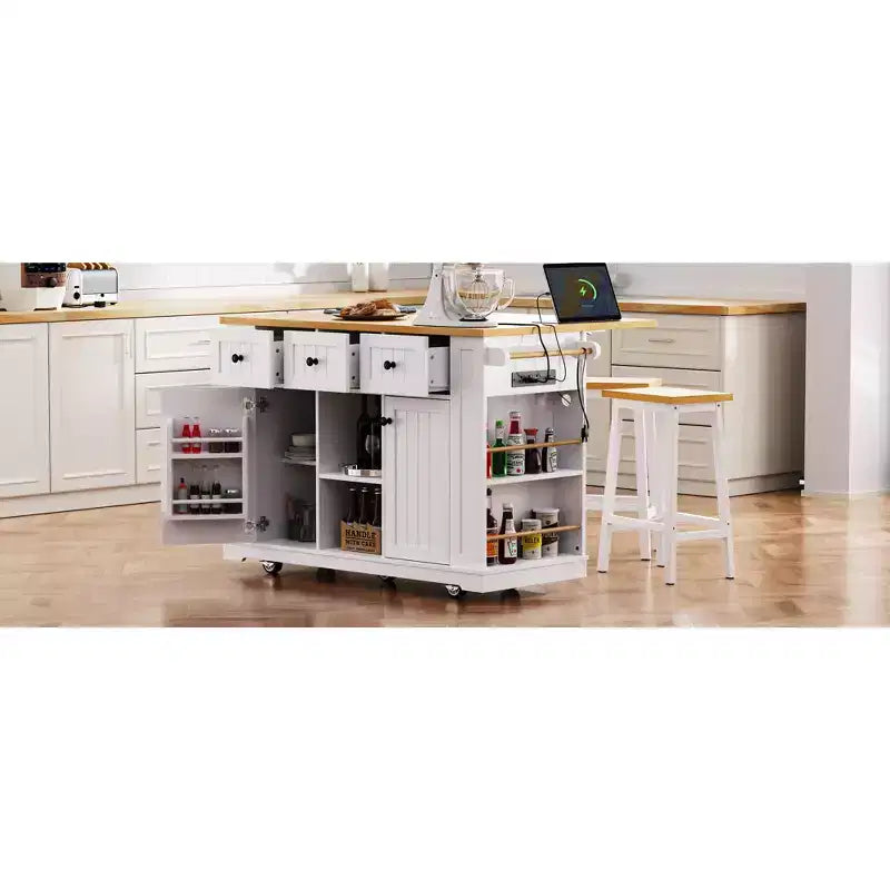 Isola da cucina rustica con presa di corrente, carrello da cucina su ruote con ripiano interno, anta a ribalta, portaspezie