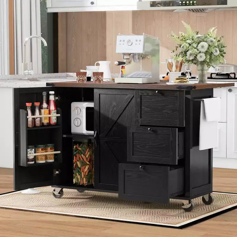 Isola da cucina rustica con presa di corrente, carrello da cucina su ruote con ripiano interno, anta a ribalta, portaspezie