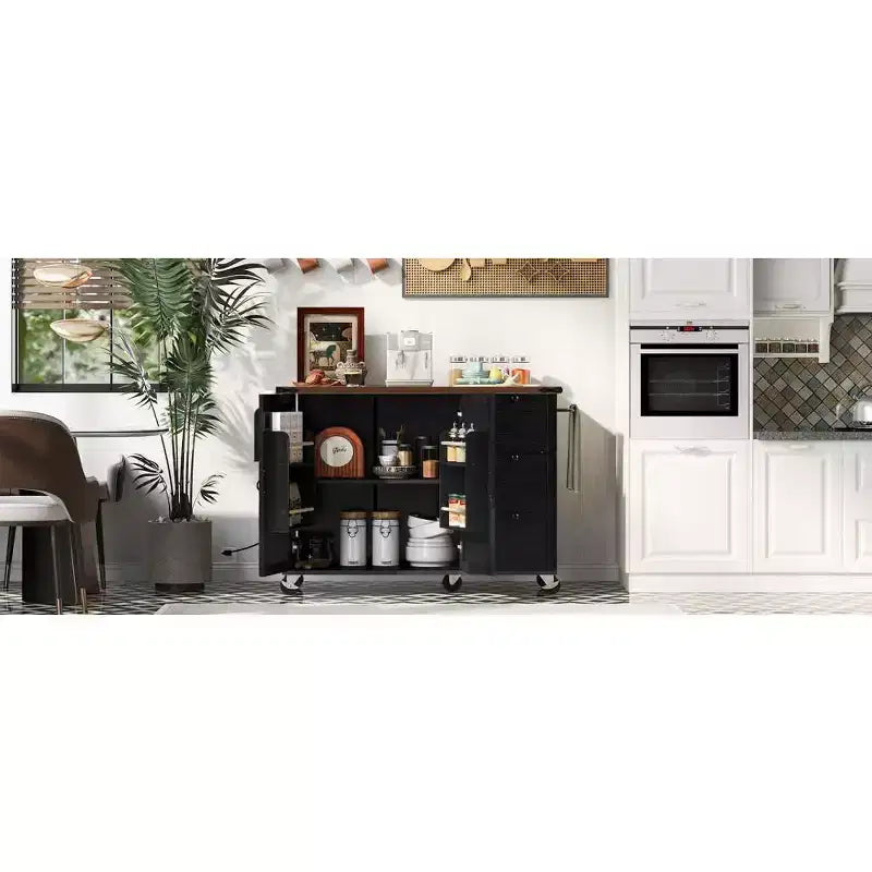 Isola da cucina rustica con presa di corrente, carrello da cucina su ruote con ripiano interno, anta a ribalta, portaspezie