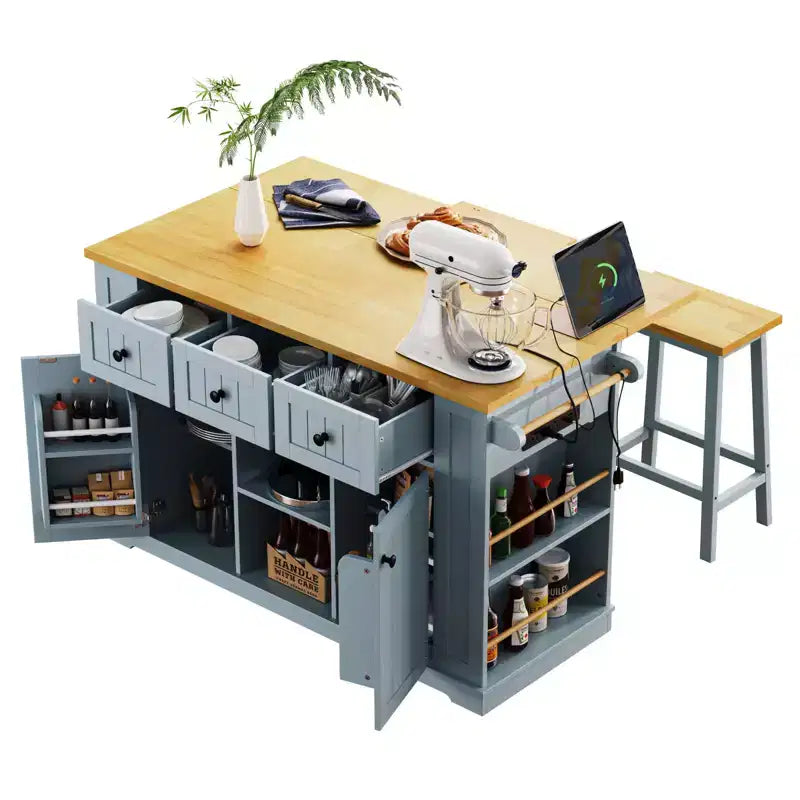 Isola da cucina rustica con presa di corrente, carrello da cucina su ruote con ripiano interno, anta a ribalta, portaspezie