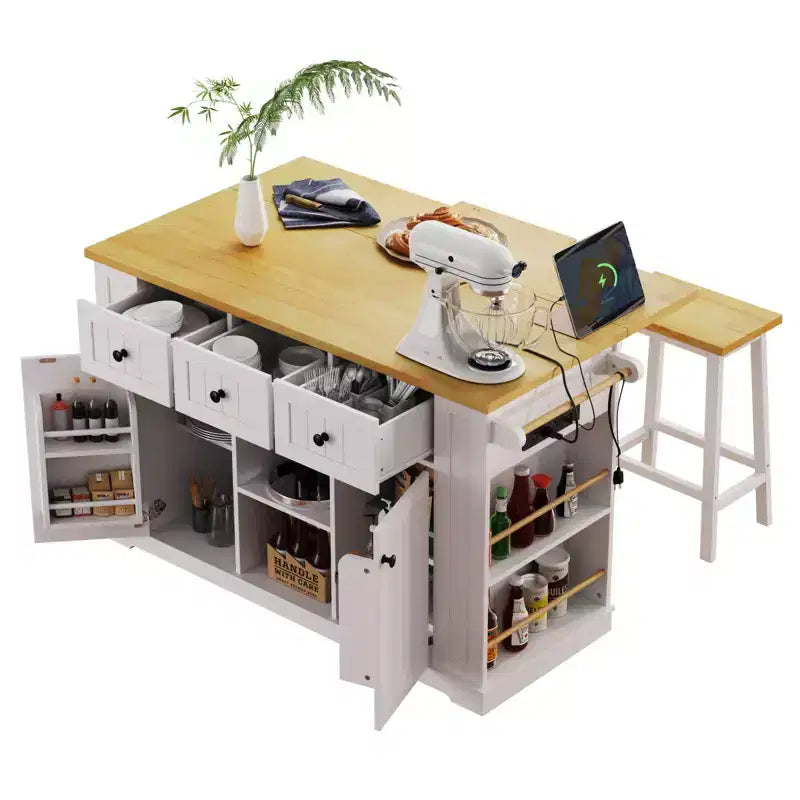 Isola da cucina rustica con presa di corrente, carrello da cucina su ruote con ripiano interno, anta a ribalta, portaspezie
