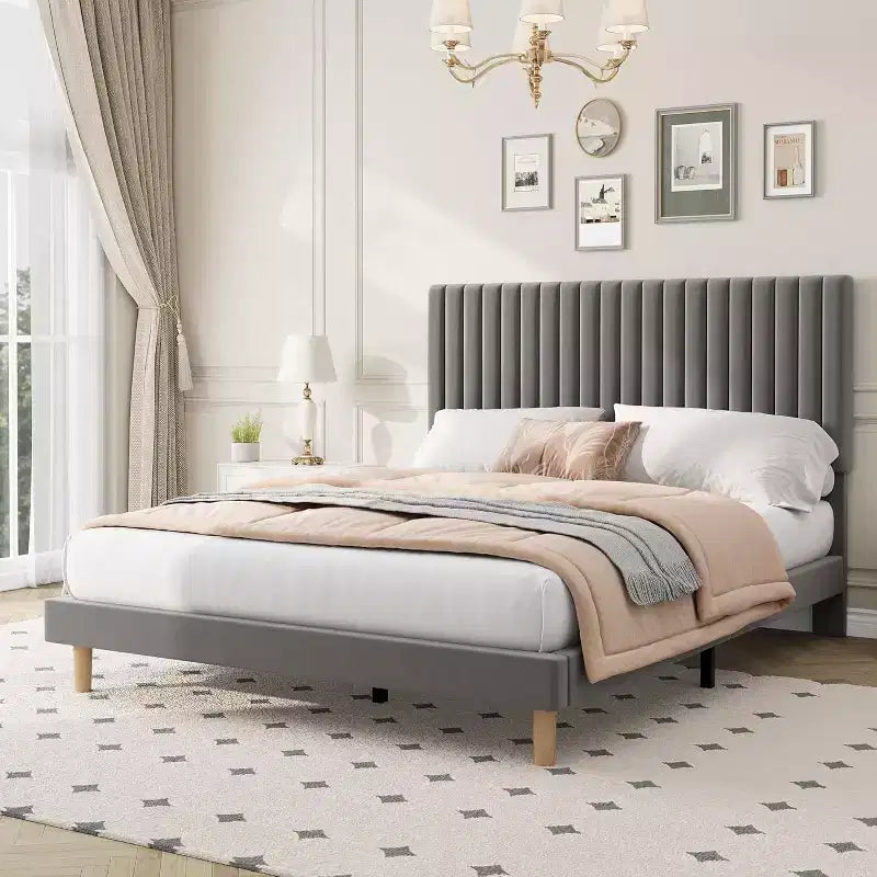 Giroletto in Velluto, Testiera Verticale Trapuntata a Canali, Regolabile in Altezza, Letto Imbottito con Piattaforma, Nessuna Rete a Molle Necessaria