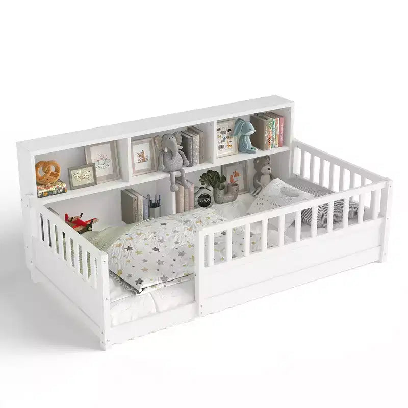 Letto a pavimento Montessori in legno con sponde a griglia da 54,4 cm e 5 ripiani portaoggetti, struttura letto per bambini da camera da letto