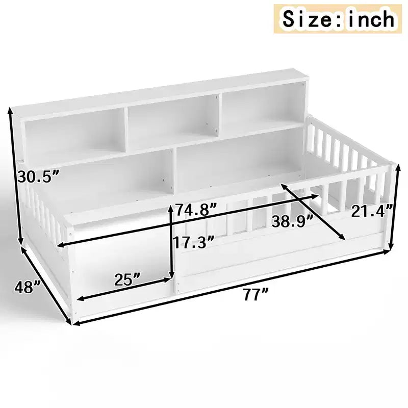 Letto a pavimento Montessori in legno con sponde a griglia da 54,4 cm e 5 ripiani portaoggetti, struttura letto per bambini da camera da letto