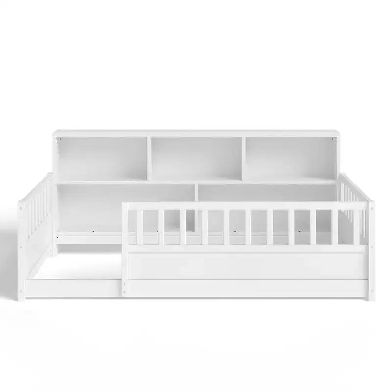 Letto a pavimento Montessori in legno con sponde a griglia da 54,4 cm e 5 ripiani portaoggetti, struttura letto per bambini da camera da letto