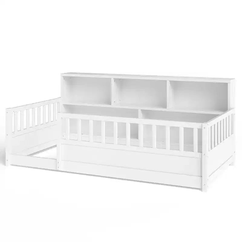 Letto a pavimento Montessori in legno con sponde a griglia da 54,4 cm e 5 ripiani portaoggetti, struttura letto per bambini da camera da letto
