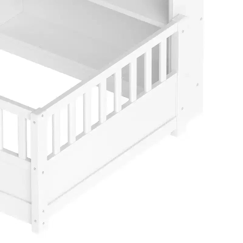 Letto a pavimento Montessori in legno con sponde a griglia da 54,4 cm e 5 ripiani portaoggetti, struttura letto per bambini da camera da letto