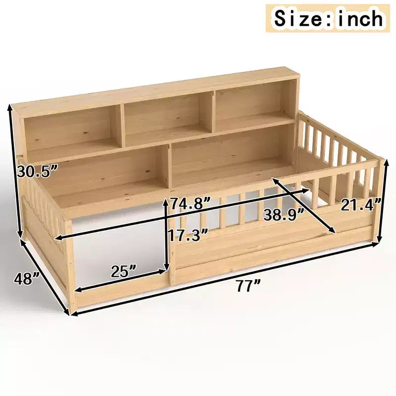 Letto a pavimento Montessori in legno con sponde a griglia da 54,4 cm e 5 ripiani portaoggetti, struttura letto per bambini da camera da letto