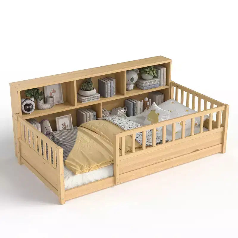 Letto a pavimento Montessori in legno con sponde a griglia da 54,4 cm e 5 ripiani portaoggetti, struttura letto per bambini da camera da letto