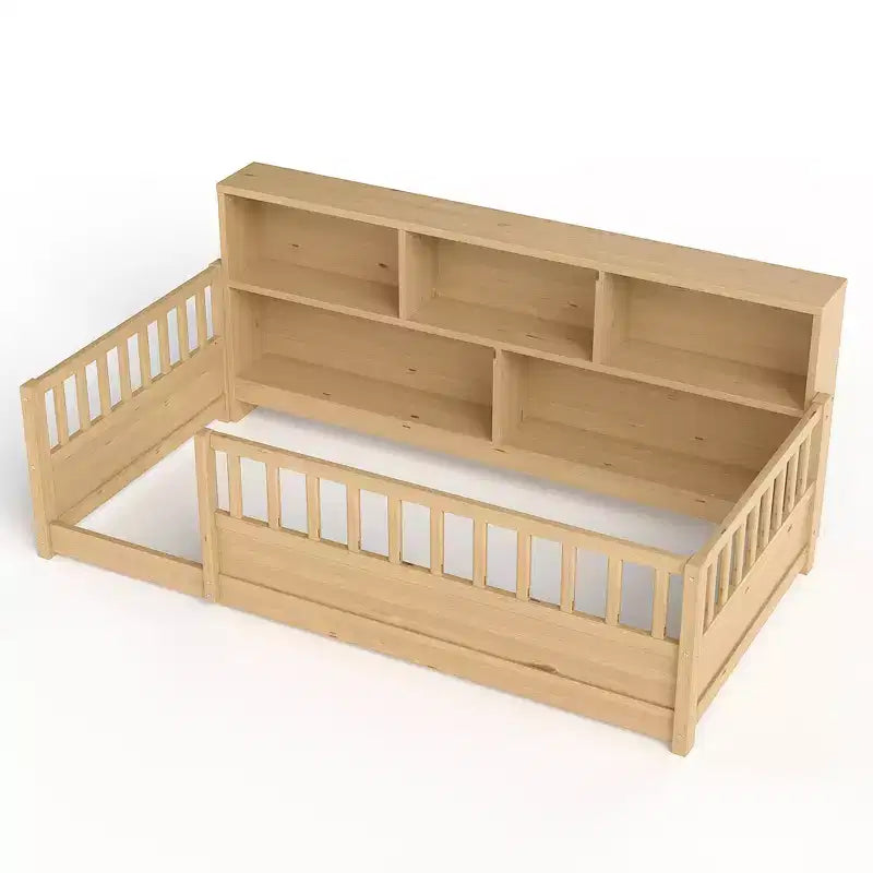 Letto a pavimento Montessori in legno con sponde a griglia da 54,4 cm e 5 ripiani portaoggetti, struttura letto per bambini da camera da letto