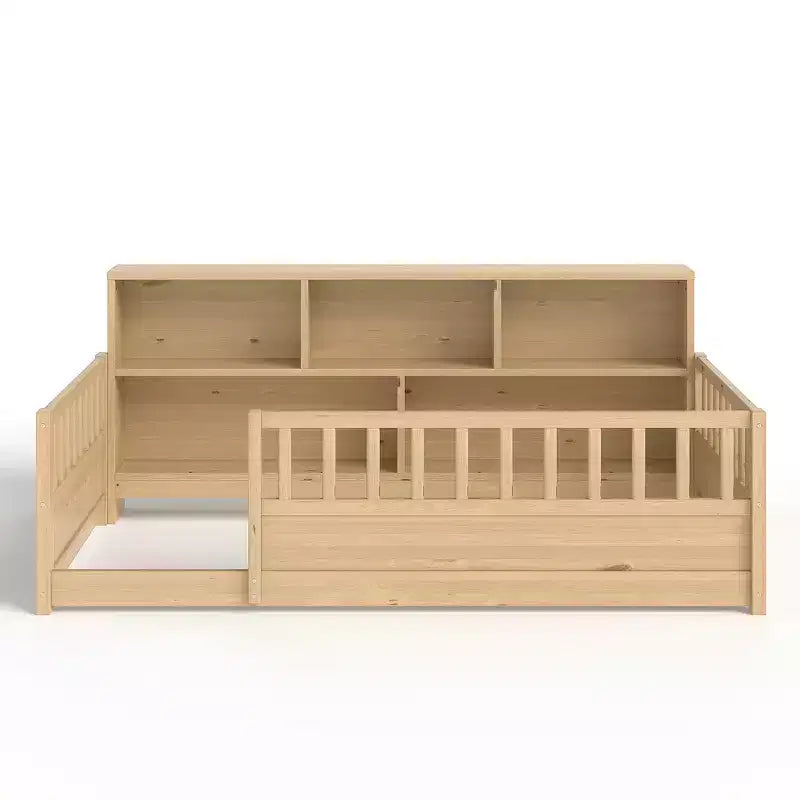 Letto a pavimento Montessori in legno con sponde a griglia da 54,4 cm e 5 ripiani portaoggetti, struttura letto per bambini da camera da letto