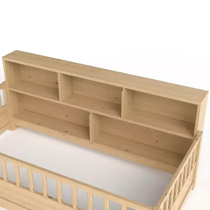 Letto a pavimento Montessori in legno con sponde a griglia da 54,4 cm e 5 ripiani portaoggetti, struttura letto per bambini da camera da letto