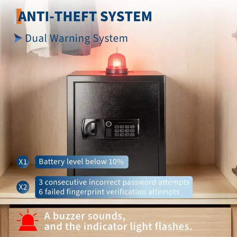 Cassette di Sicurezza Biometriche Intelligenti con Blocco Impronta Digitale e Combinazione, Sistema di Allerta Intelligente, Borsa Ignifuga e Ripiano Rimovibile