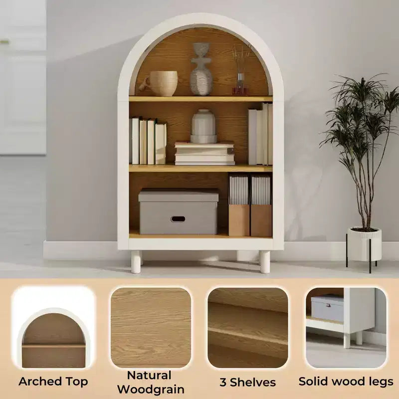 Libreria ad Arco con Armadietto e 3 Ripiani, Scaffale in Legno con Venature per Soggiorno Camera da Letto Bianco