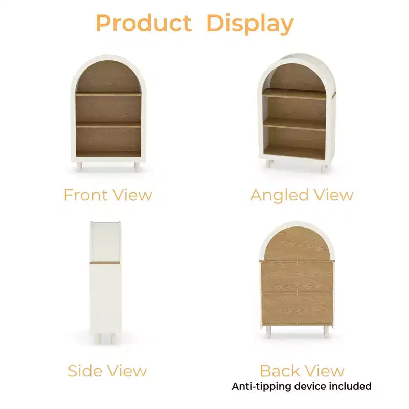 Libreria ad Arco con Armadietto e 3 Ripiani, Scaffale in Legno con Venature per Soggiorno Camera da Letto Bianco