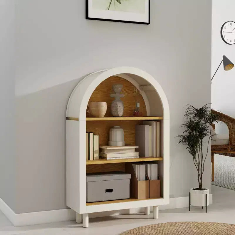 Libreria ad Arco con Armadietto e 3 Ripiani, Scaffale in Legno con Venature per Soggiorno Camera da Letto Bianco