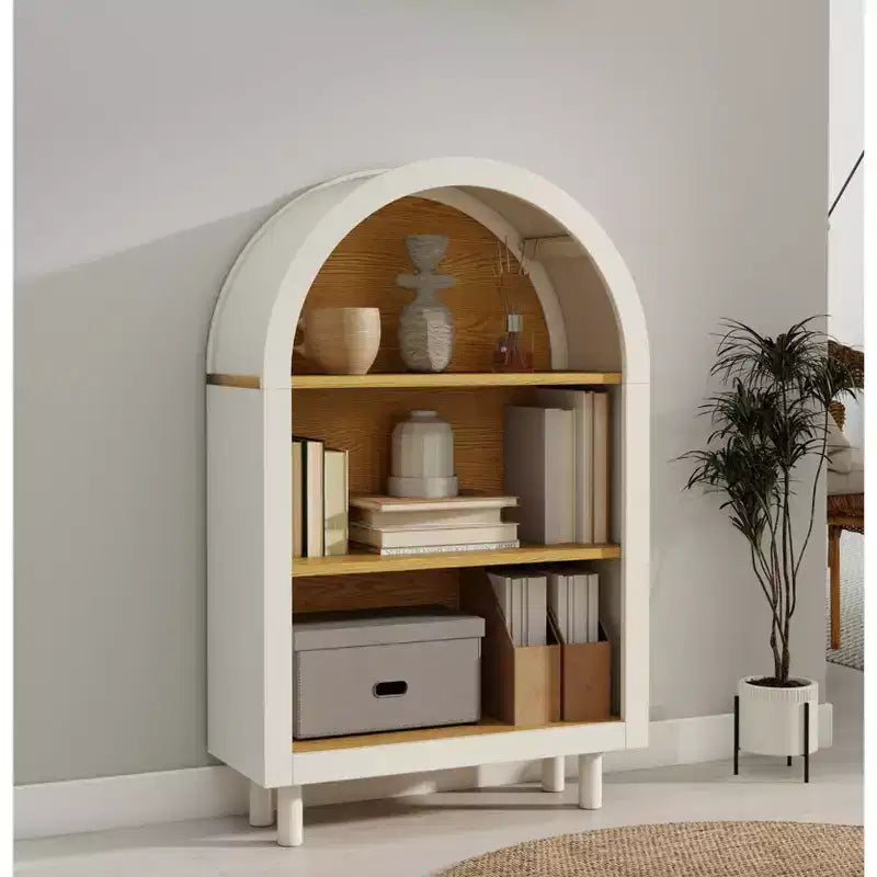 Libreria ad Arco con Armadietto e 3 Ripiani, Scaffale in Legno con Venature per Soggiorno Camera da Letto Bianco