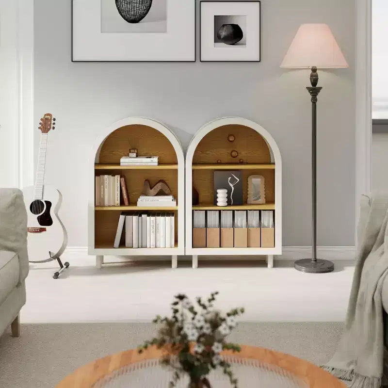 Libreria ad Arco con Armadietto e 3 Ripiani, Scaffale in Legno con Venature per Soggiorno Camera da Letto Bianco